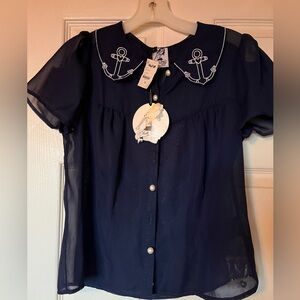 Hell Bunny Navy Blouse with Nautical Collar
